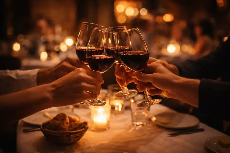 Gäste stossen mit Rotwein an