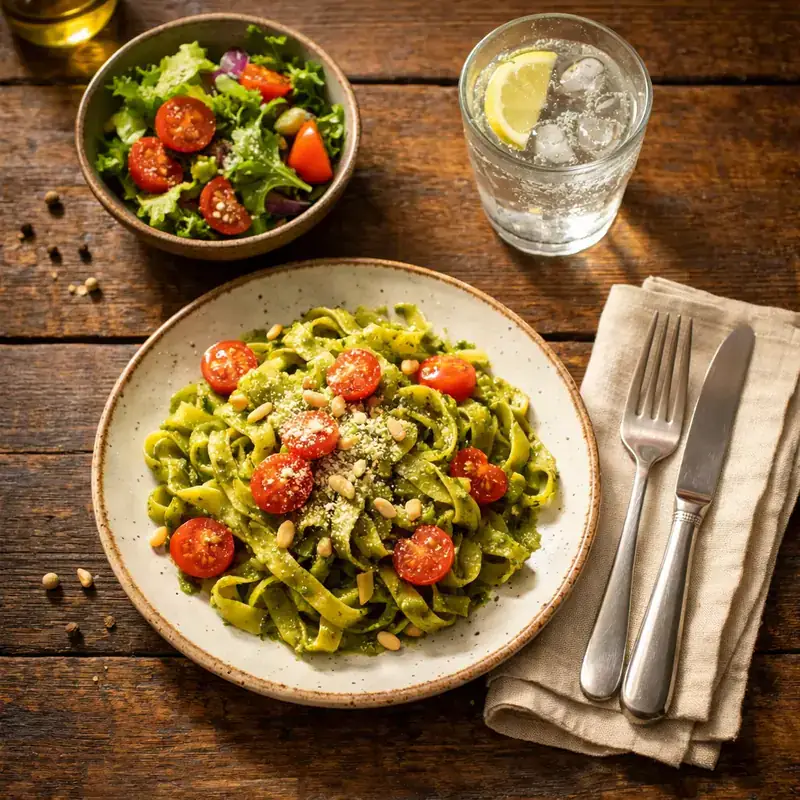 Frisches Mittagsmenü mit Pasta und Salat