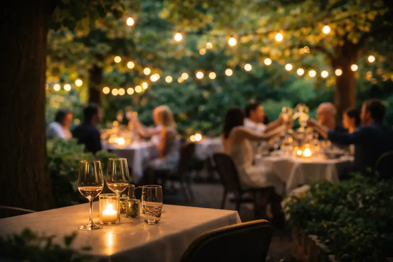 Gäste im Garten unter Lichterketten